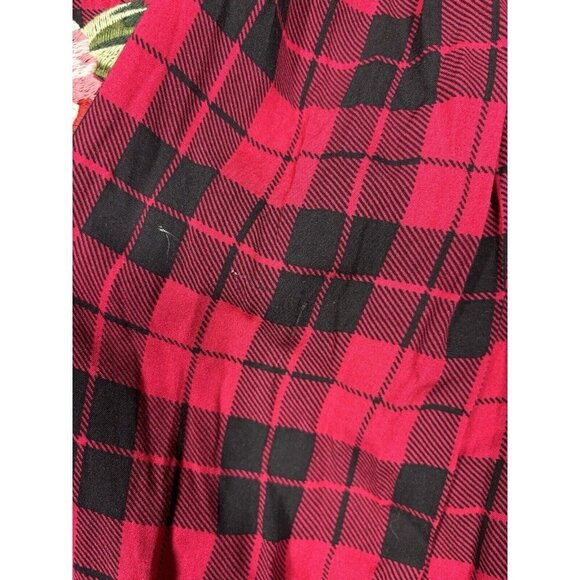Umgee Womens Blouse Sz S Red Plaid Embroidered Floral Boho Cabin Long Sleeve - Picture 4 of 6